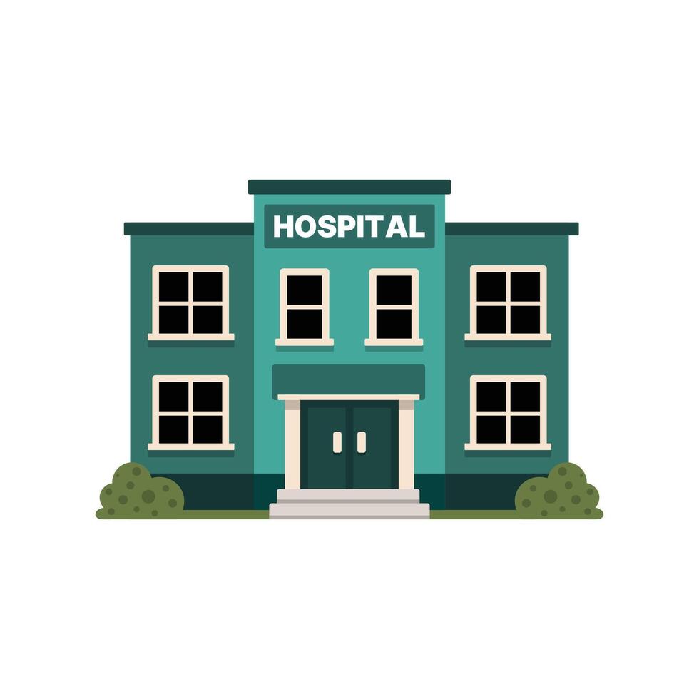 Flat Design Hospital Building with Windows and Bushes Illustration vector