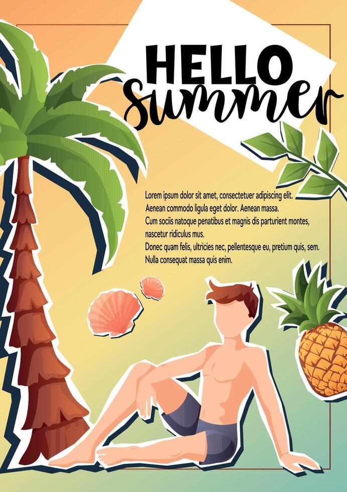 Summer poster with boy and tropical elements vector