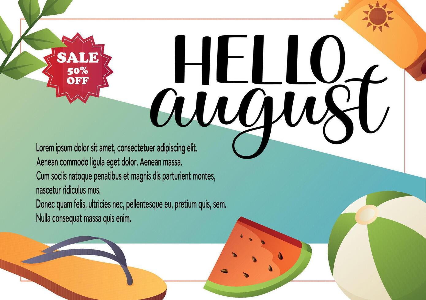 Hello August banner with sale and summer items vector