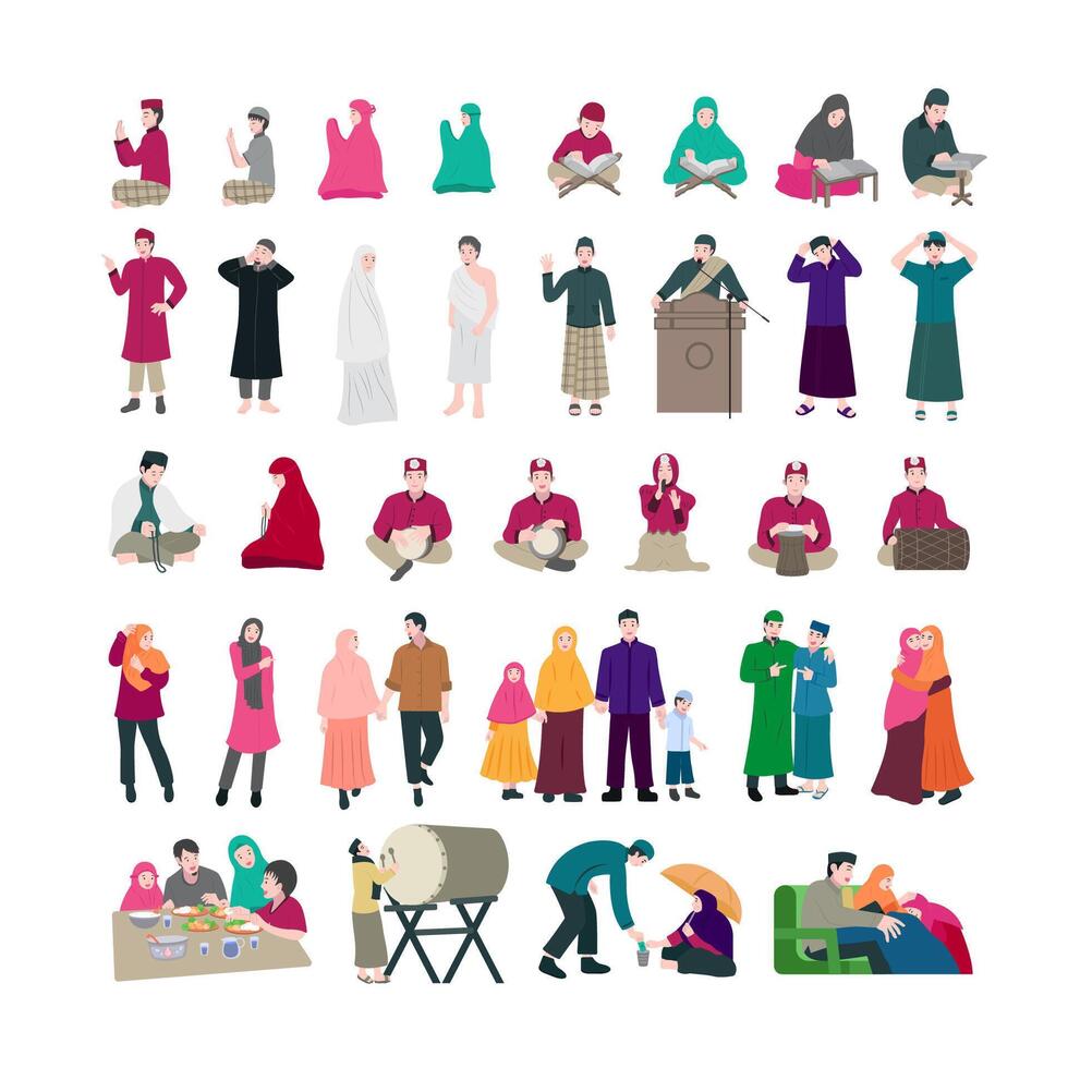 Set of Moslem characters collection illustration suitable for Eid Mubarak flyers community events and Islamic themed graphic design vector
