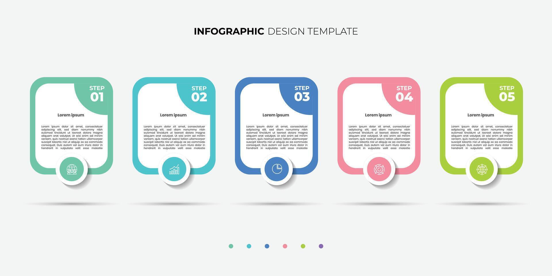 5 Steps Infographics Design Template. Graph, Pie chart, workflow layout, rectangular box diagram, timeline, report, presentation design template vector
