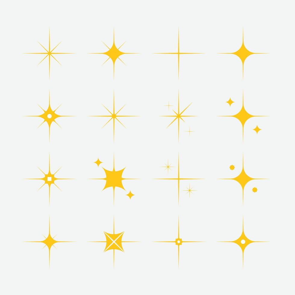 Retro star of different shapes flash yellow set, Collection of twinkle particle stars and rays decorative symbols for design. Icons style basic shapes geometric graphic elements vector