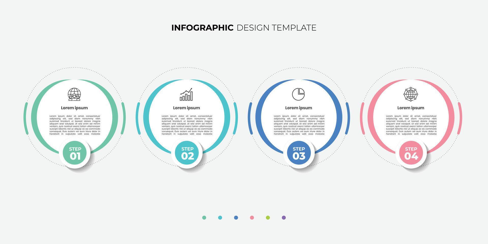 4 Steps journey Infographics Design Template. Graph, Pie chart, workflow layout, rectangular box diagram, timeline, report, presentation vector