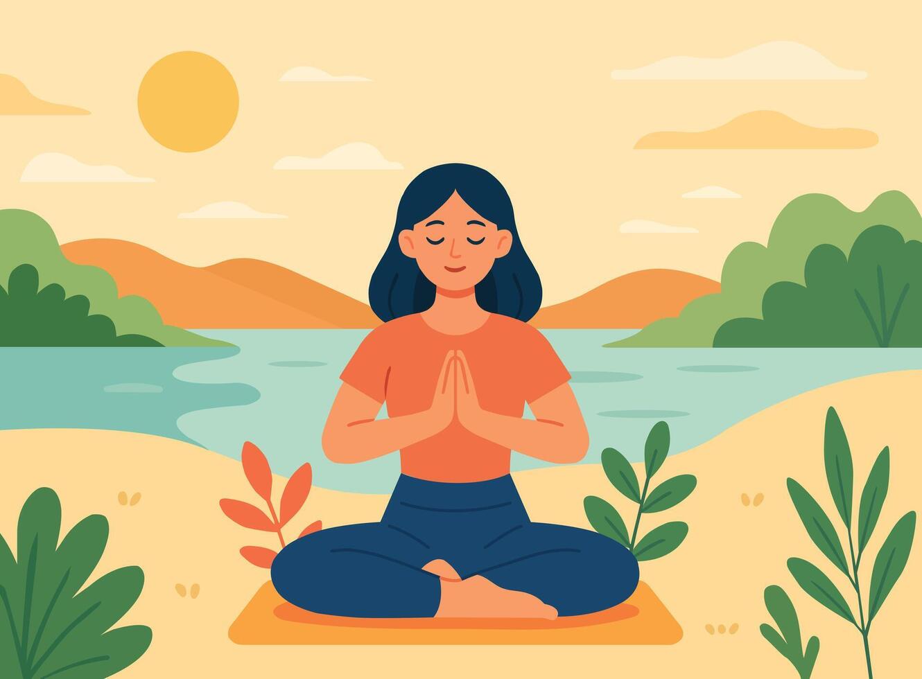 girl doing yoga in a calm scenery vector