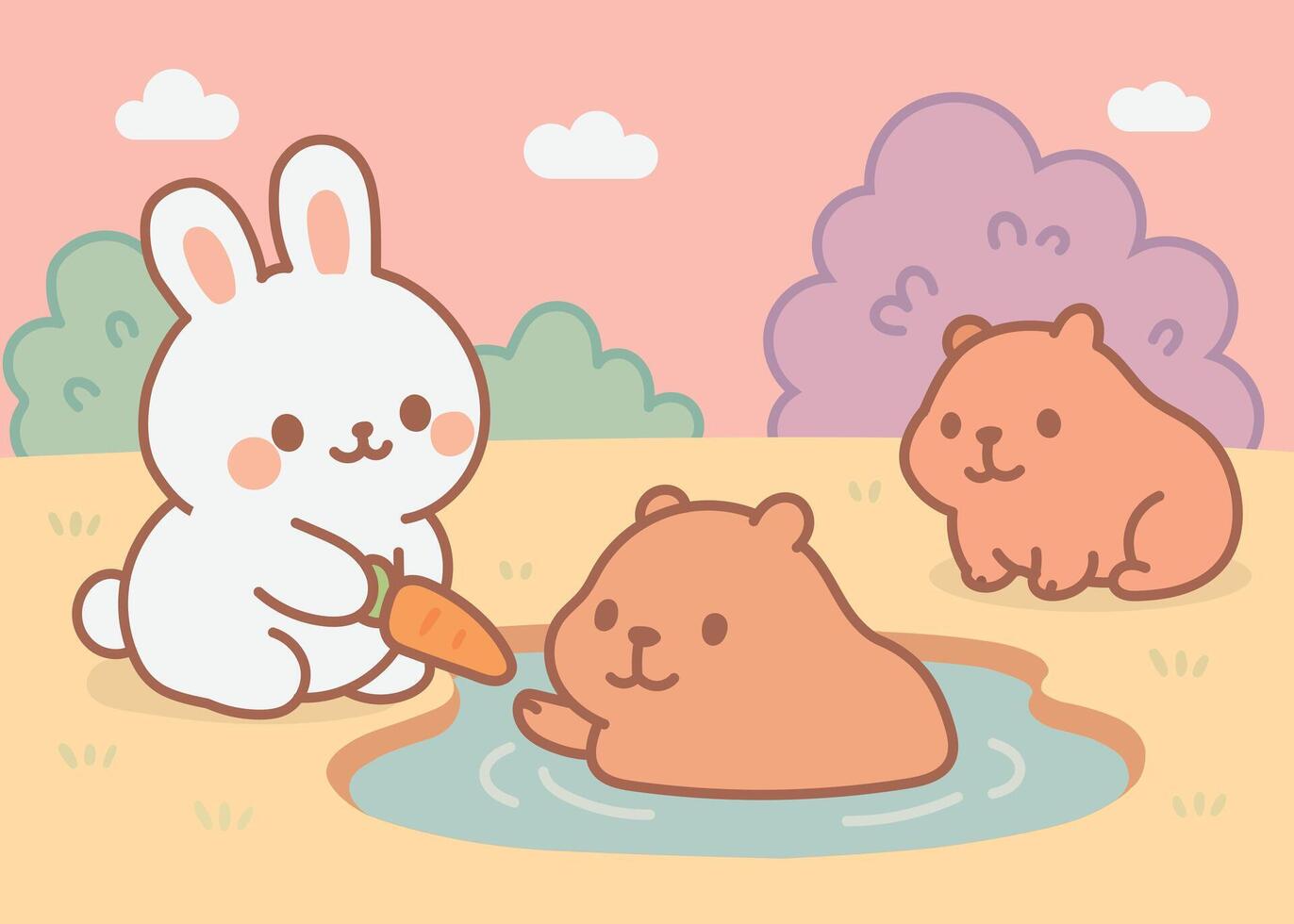kawaii rabbit feeding capybaras at the pond vector