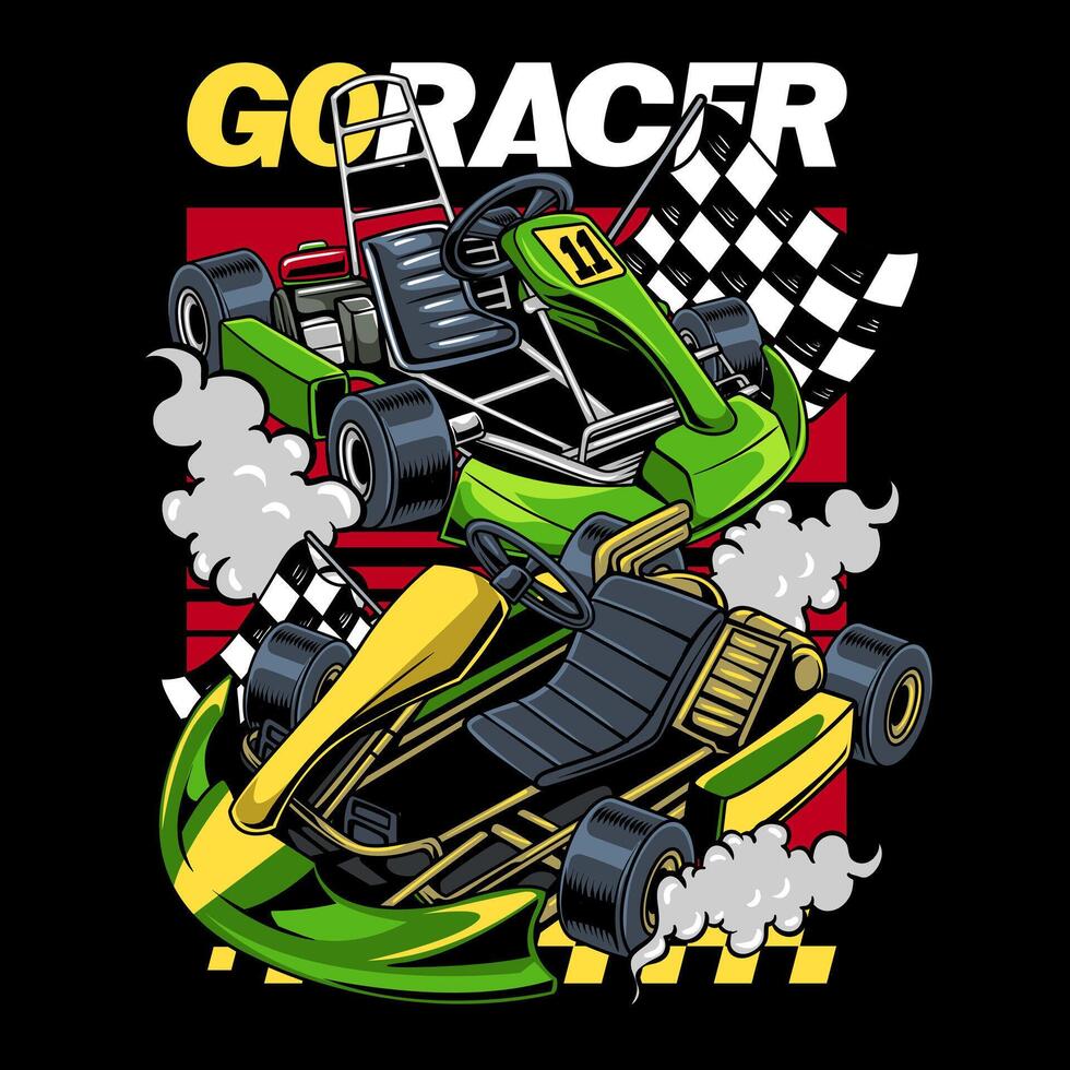 Two Go Kart sport racing with checkered flag cartoon illustration for poster vector
