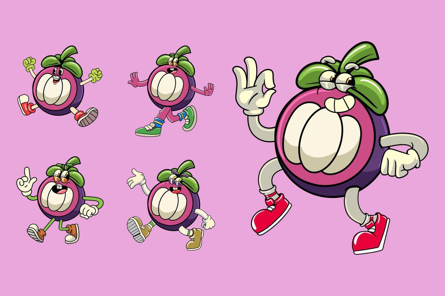 Set of funny mangosteen fruit 70s retro comic cartoon characters vector