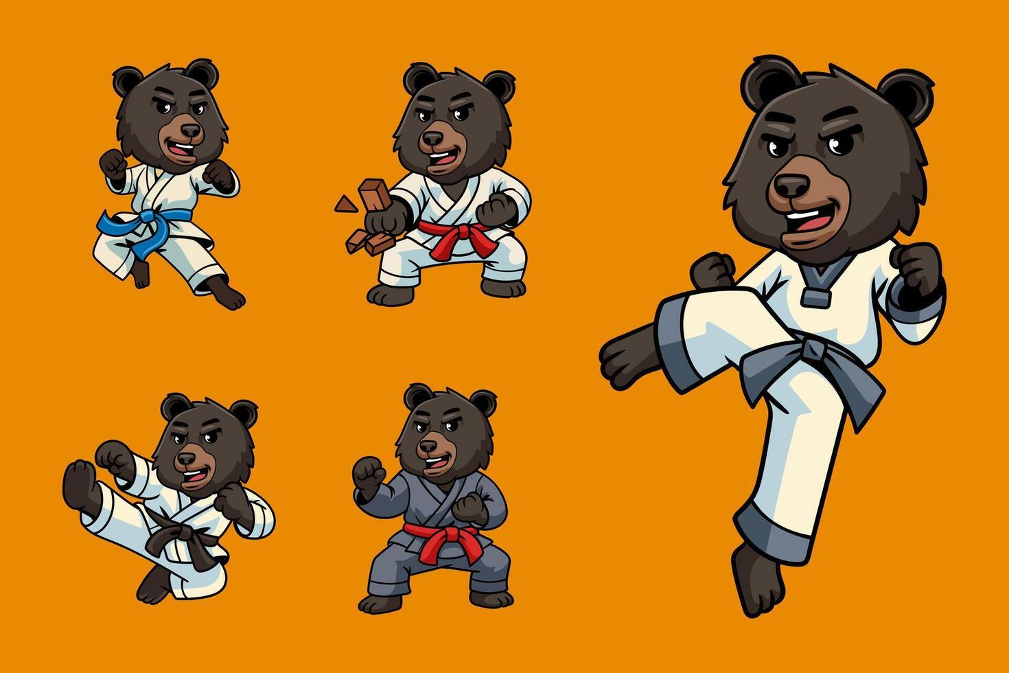 Set of cute cartoon American black bears in martial arts poses wearing karate uniforms. Fun and dynamic illustration perfect for kids, sports, and character design themes vector