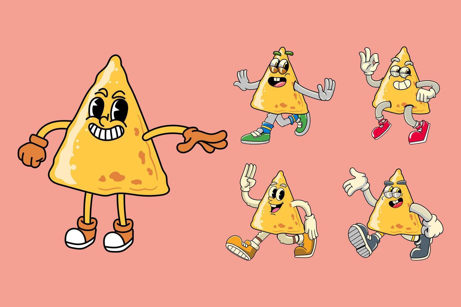 Set of Funny Nachos Mexican Food Cartoon Characters in Retro 70s Illustration vector