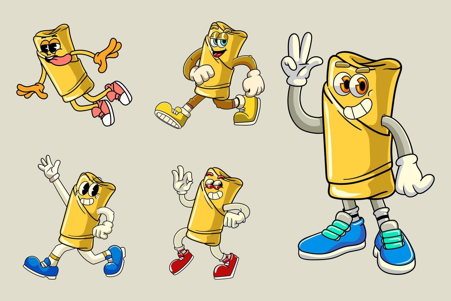 Set of Funny Spring Rolls Food Cartoon Characters in Retro 70s Illustration vector