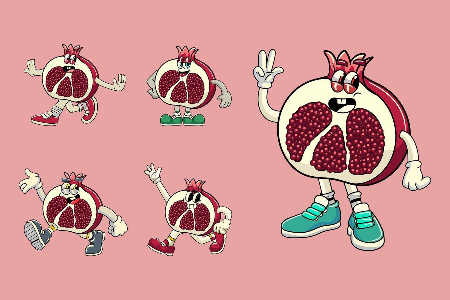Set of funny pomegranate fruit 70s retro comic cartoon characters vector