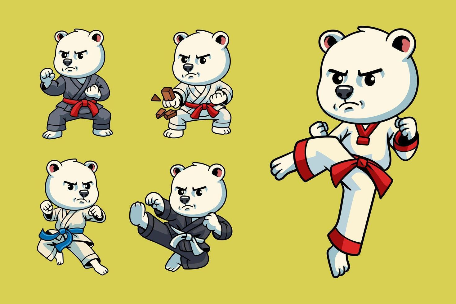Set of cute cartoon Polar Bear in martial arts poses wearing karate uniforms. Fun and dynamic illustration perfect for kids, sports, and character design themes vector