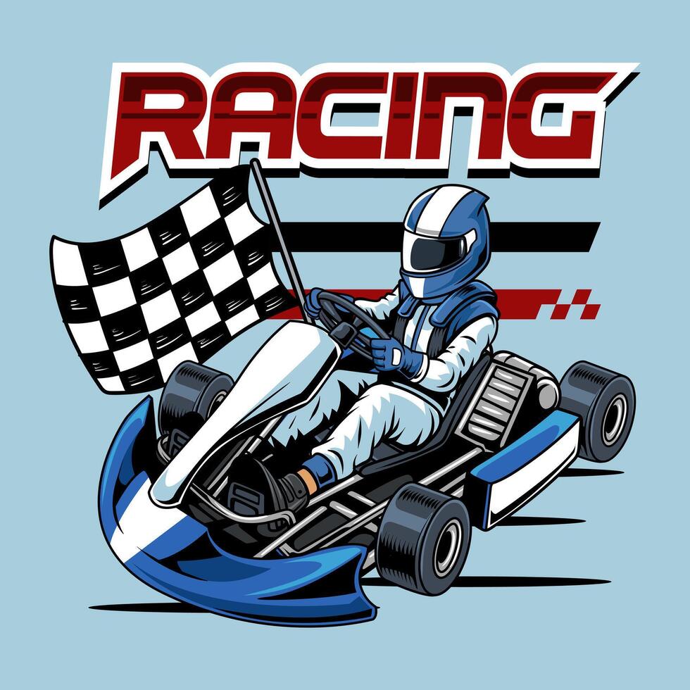 Kart sport racing blue color with a man driver emblem logo cartoon illustration vector