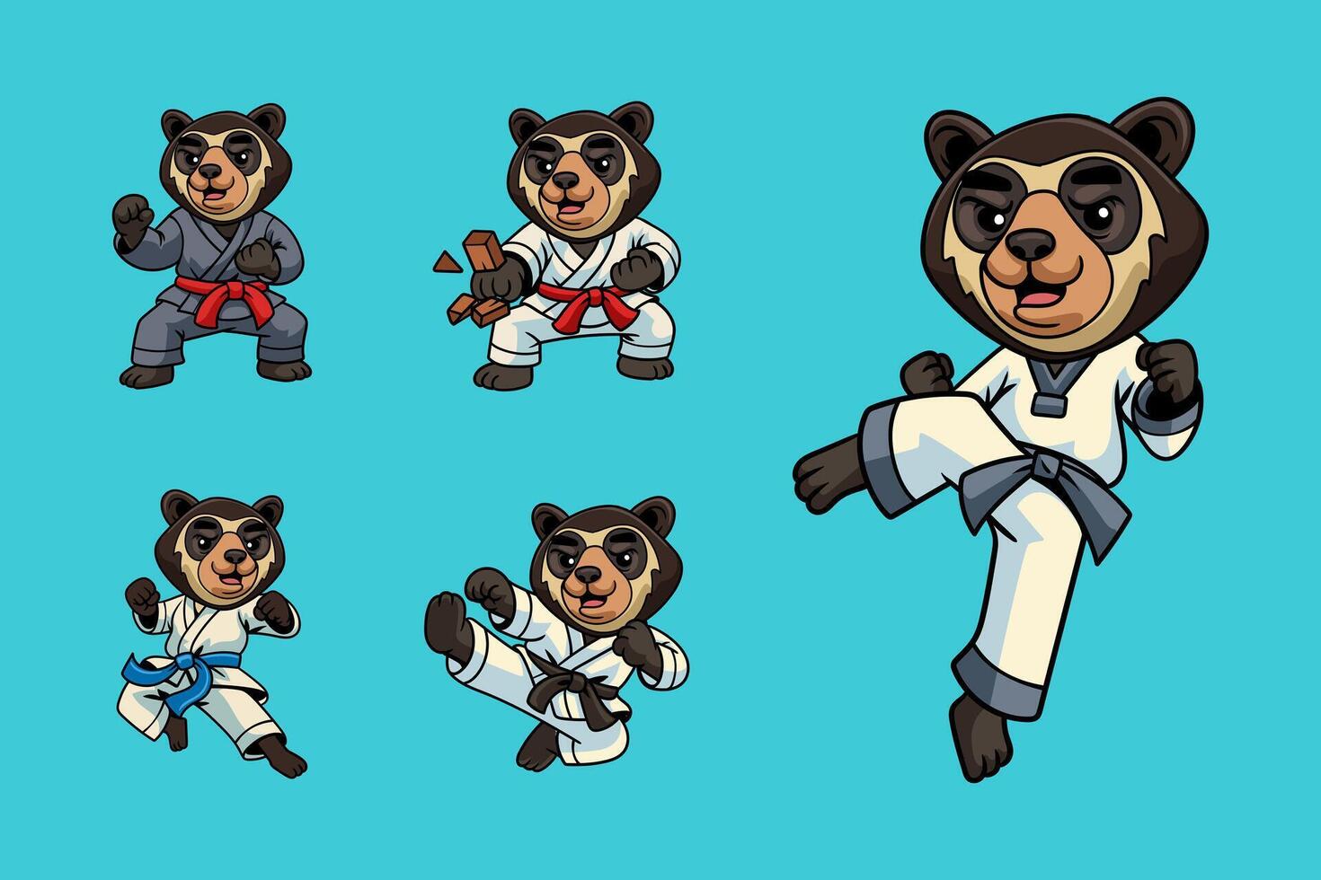 Set of cute cartoon Spectacled Bear in martial arts poses wearing karate uniforms. Fun and dynamic illustration perfect for kids, sports, and character design themes vector