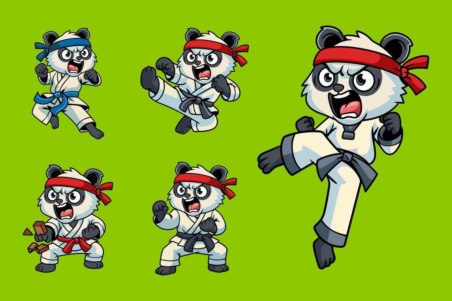 Set of cute cartoon pandas in martial arts poses wearing karate uniforms and headbands. Fun and dynamic illustration perfect for kids, sports, and character design themes vector