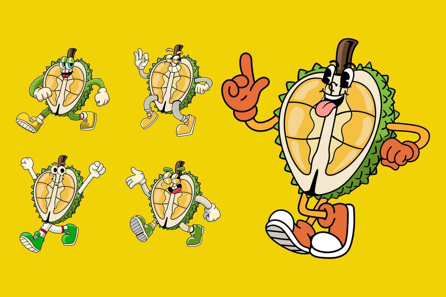 Set of funny durian fruit 70s retro comic cartoon characters vector