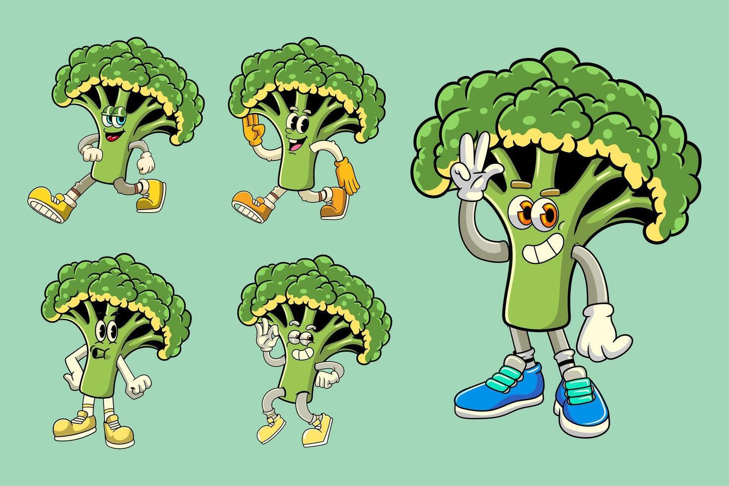 Set of funny broccoli vegetable 70s retro comic cartoon characters vector