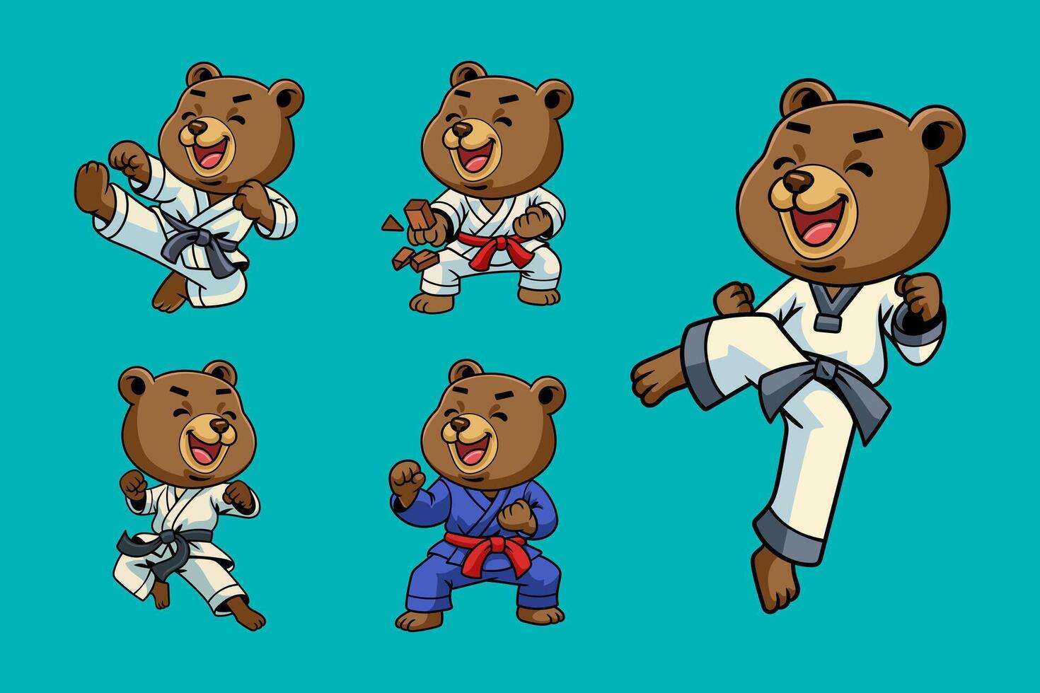 Set of cute cartoon Sun Bears in martial arts poses wearing karate uniforms. Fun and dynamic illustration perfect for kids, sports, and character design themes vector