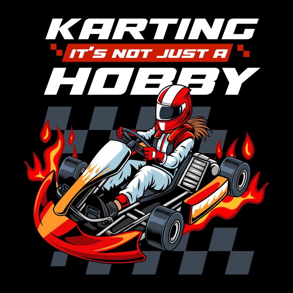 Kart sport racing red color with a woman driver cartoon illustration for poster, t-shirt print, business element, social media content, blog, sticker, vlog, and card vector