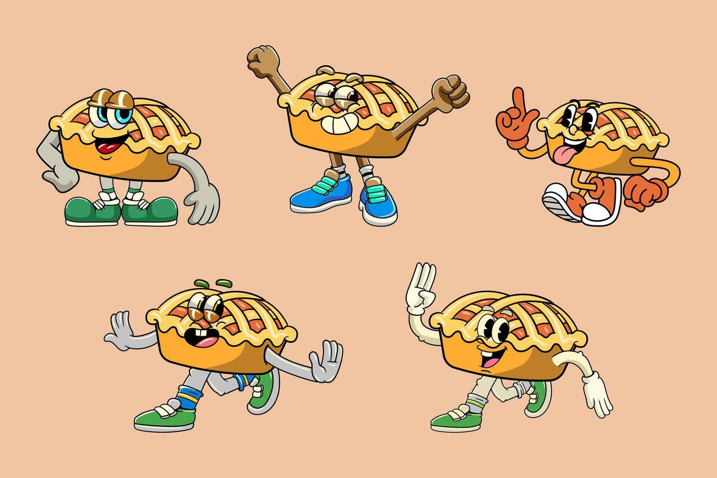 Set of Funny Pie Cake Food Cartoon Characters in Retro 70s Illustration vector