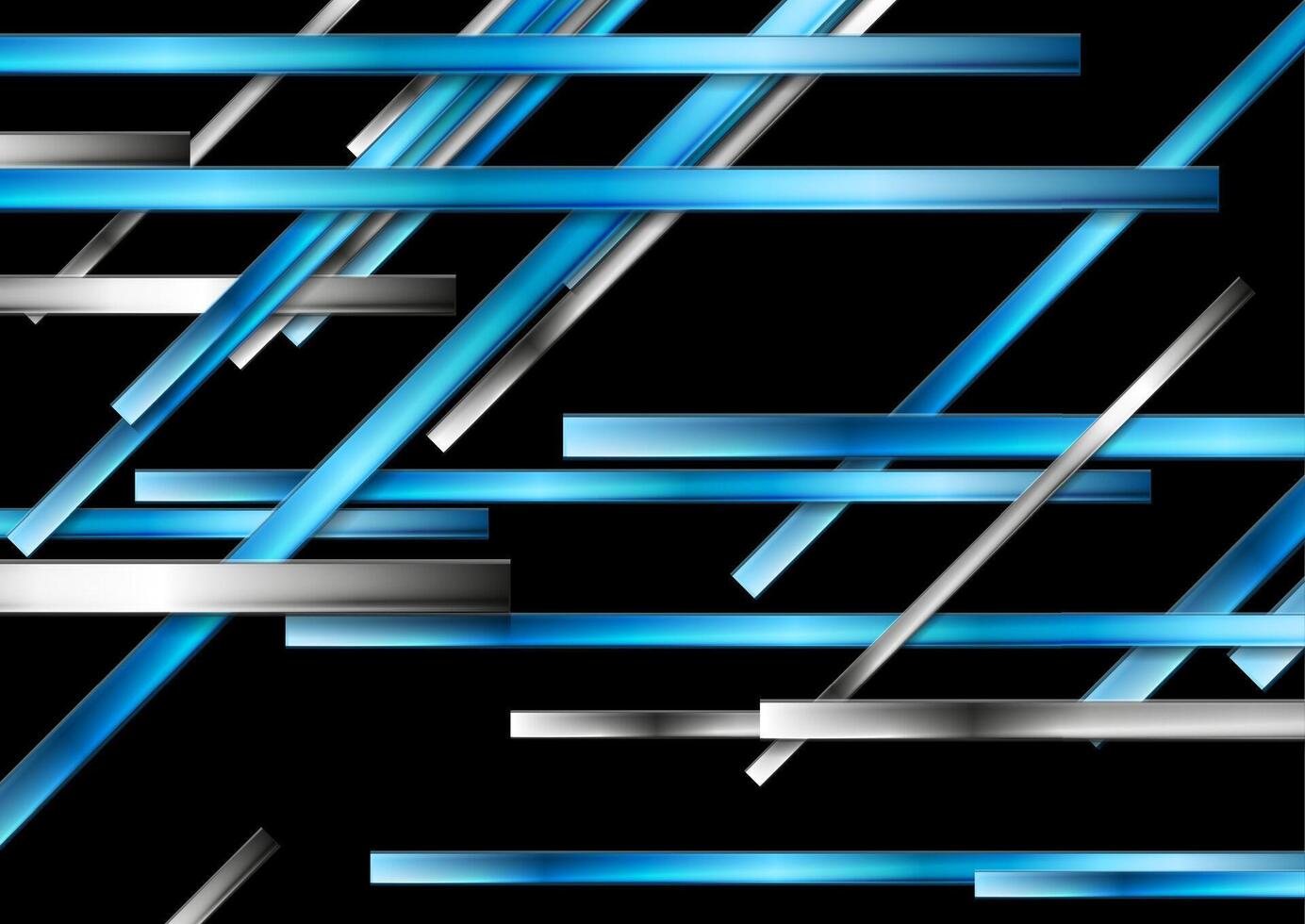 Black abstract tech background with blue and metallic glossy stripes vector