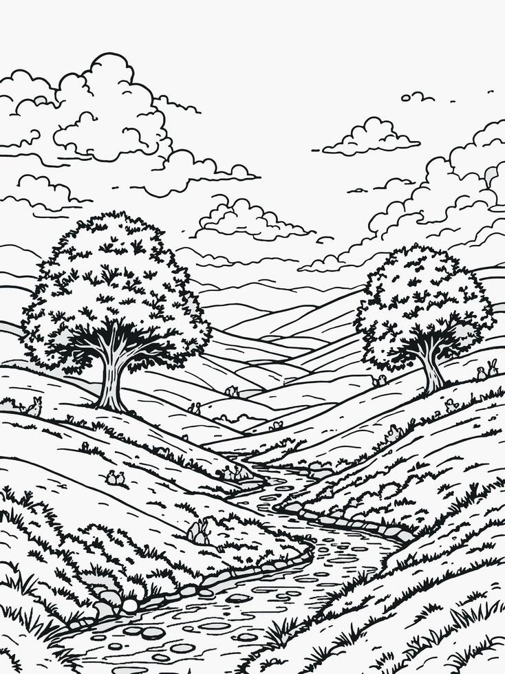 Vsai serene landscape showing winding river flowing through rolling hills and lush trees vector
