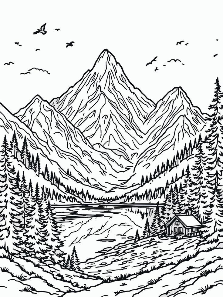 Vsai mountain lake cabin surrounded by pine trees and flying birds in wilderness landscape vector