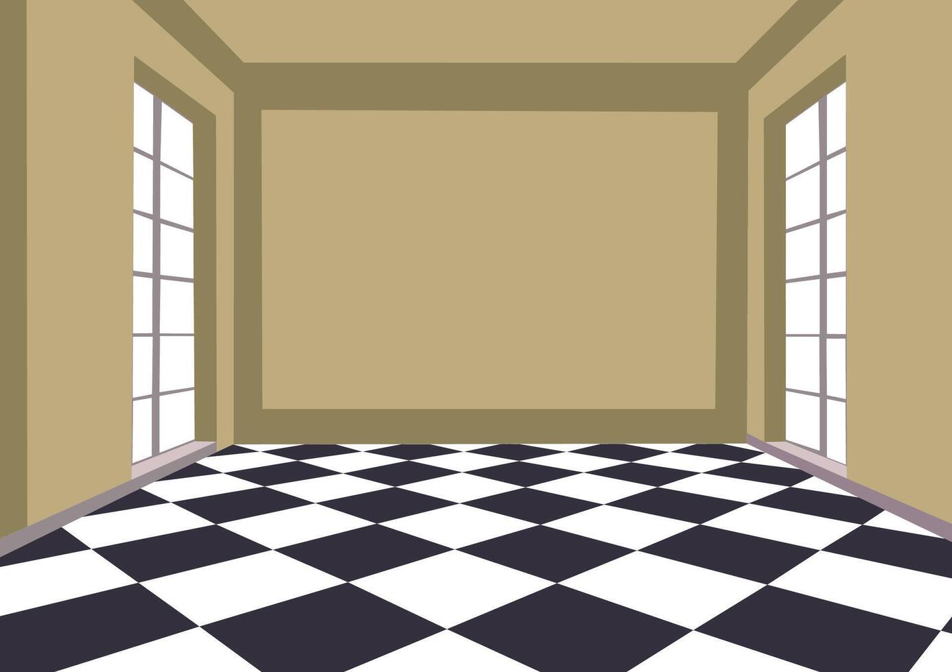 An empty room with a checkered floor and windows vector