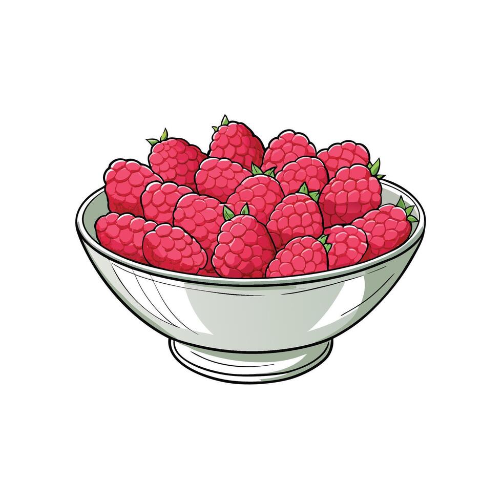 Bowl overflowing with ripe raspberries against white background image vector