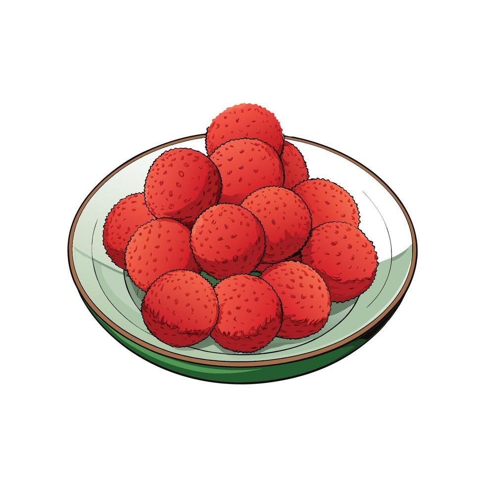 Pile of fresh red lychees served on decorative plate vector