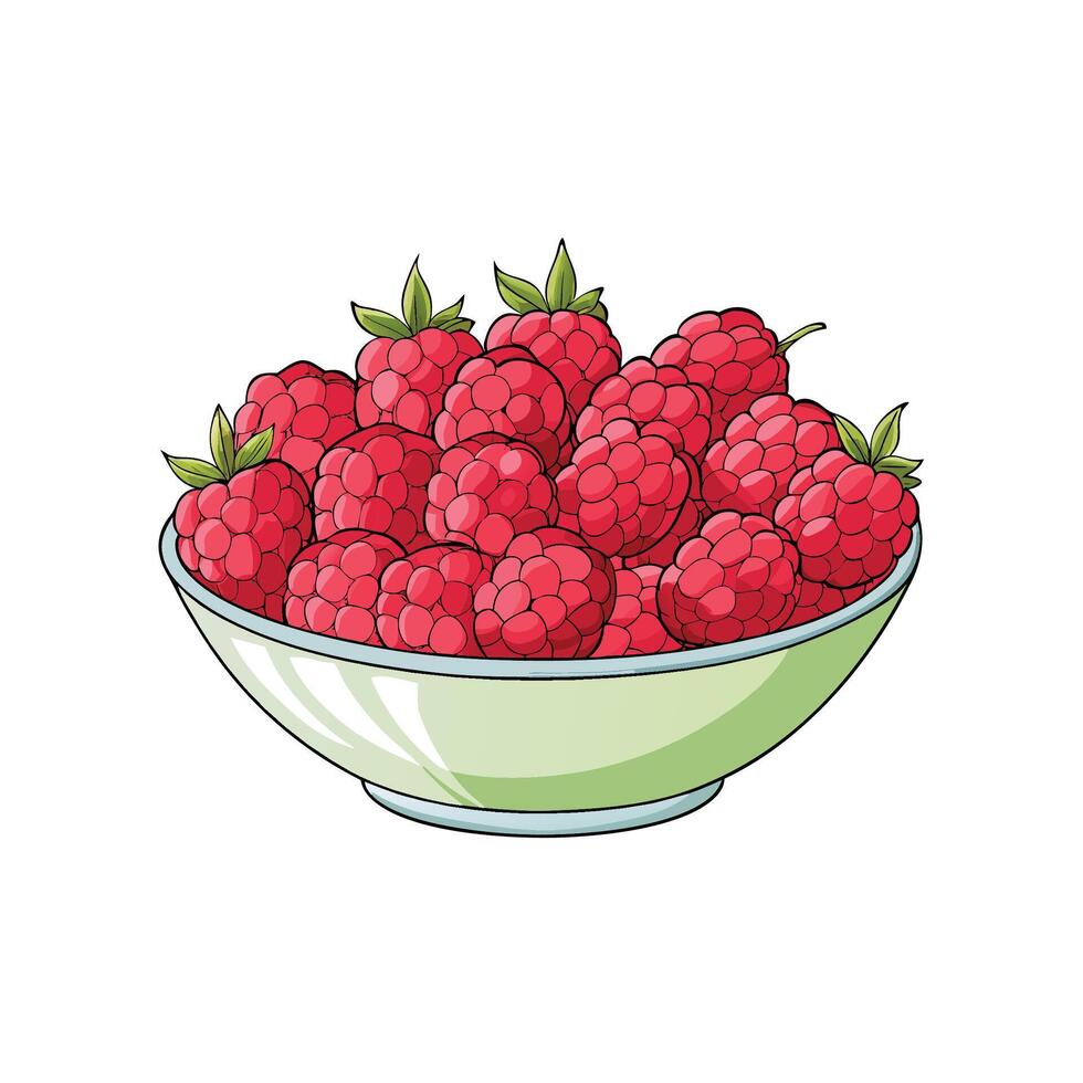 Fresh raspberries in a bowl, cartoon style illustration vector