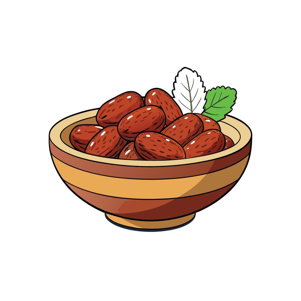 Cartoon bowl filled with dates and mint leaves vector