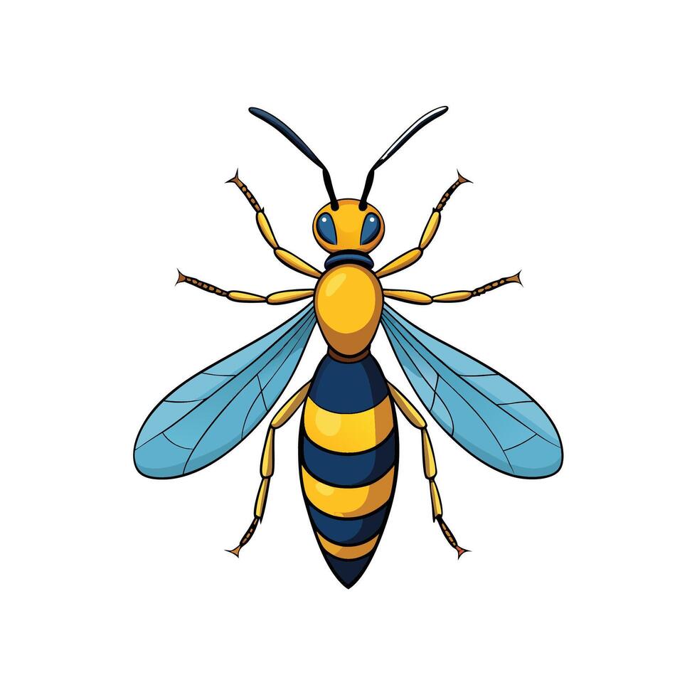 Cartoon wasp illustration with wings spread against white background vector