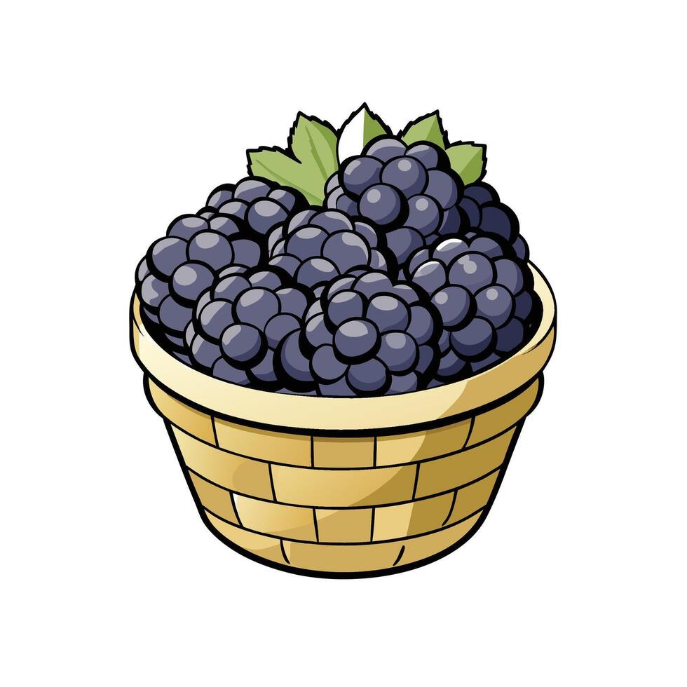 Cartoon basket overflowing with ripe blackberries and green leaves vector