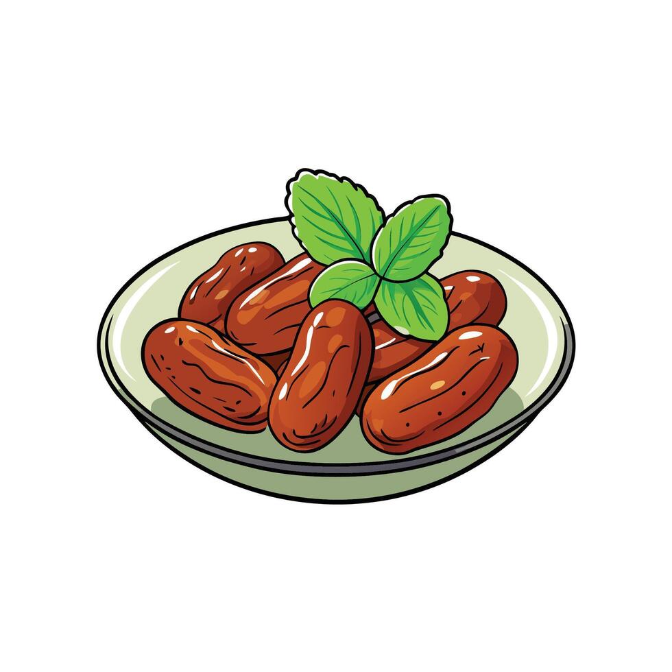 Cartoon plate with dates and mint leaves garnish vector