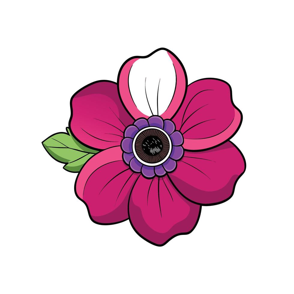 Vibrant pink flower with green leaves and purple center vector