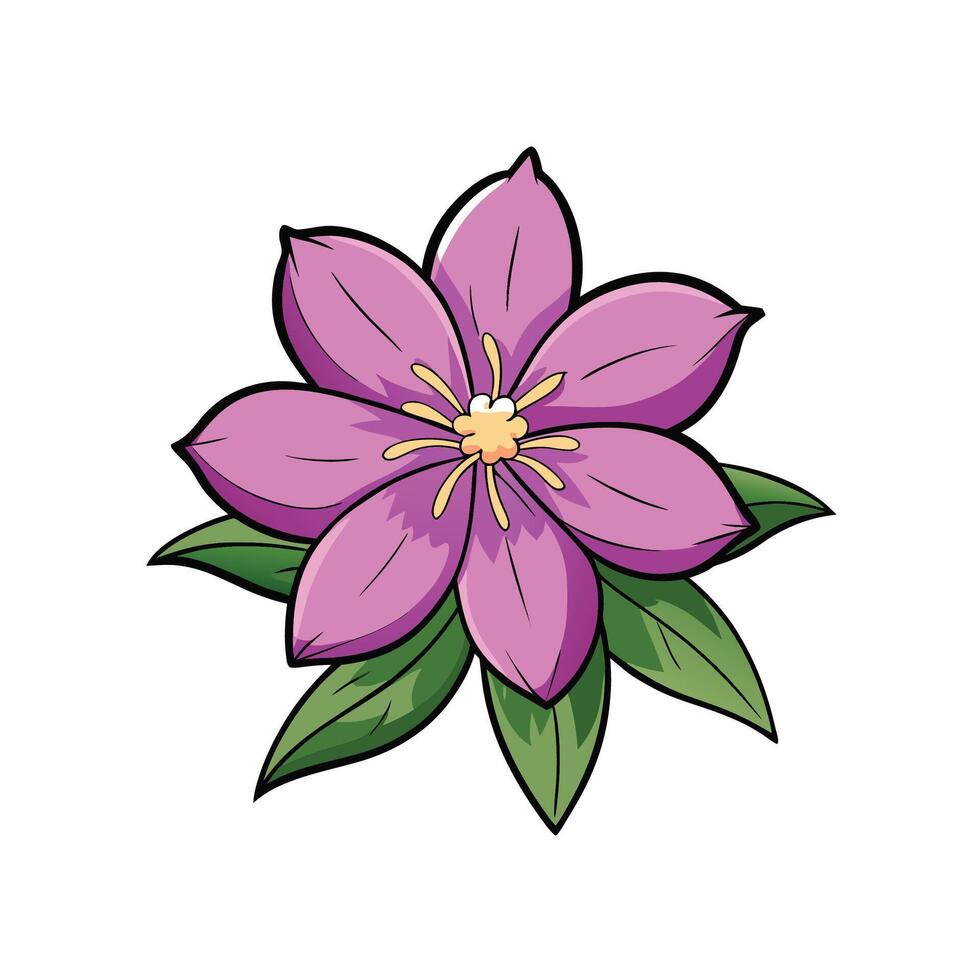 Stylized purple flower with green leaves illustration on white vector