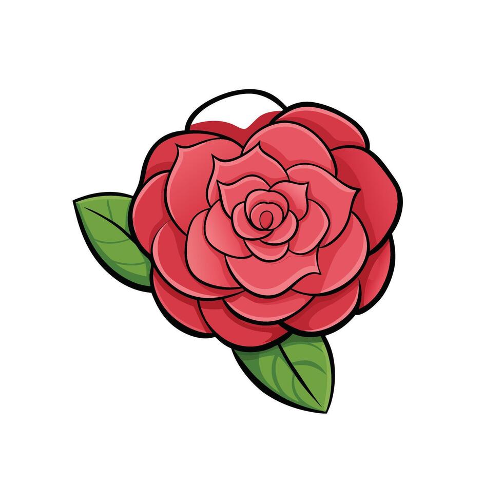Cartoon style rose illustration with green leaves isolated vector