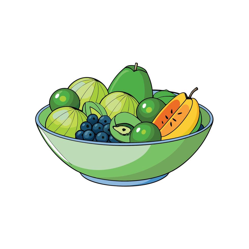 Bowl of fresh fruits in cartoon style illustration vector