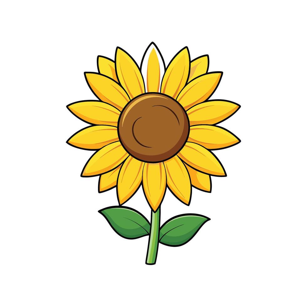 Cheerful cartoon sunflower illustration with black outline on white vector