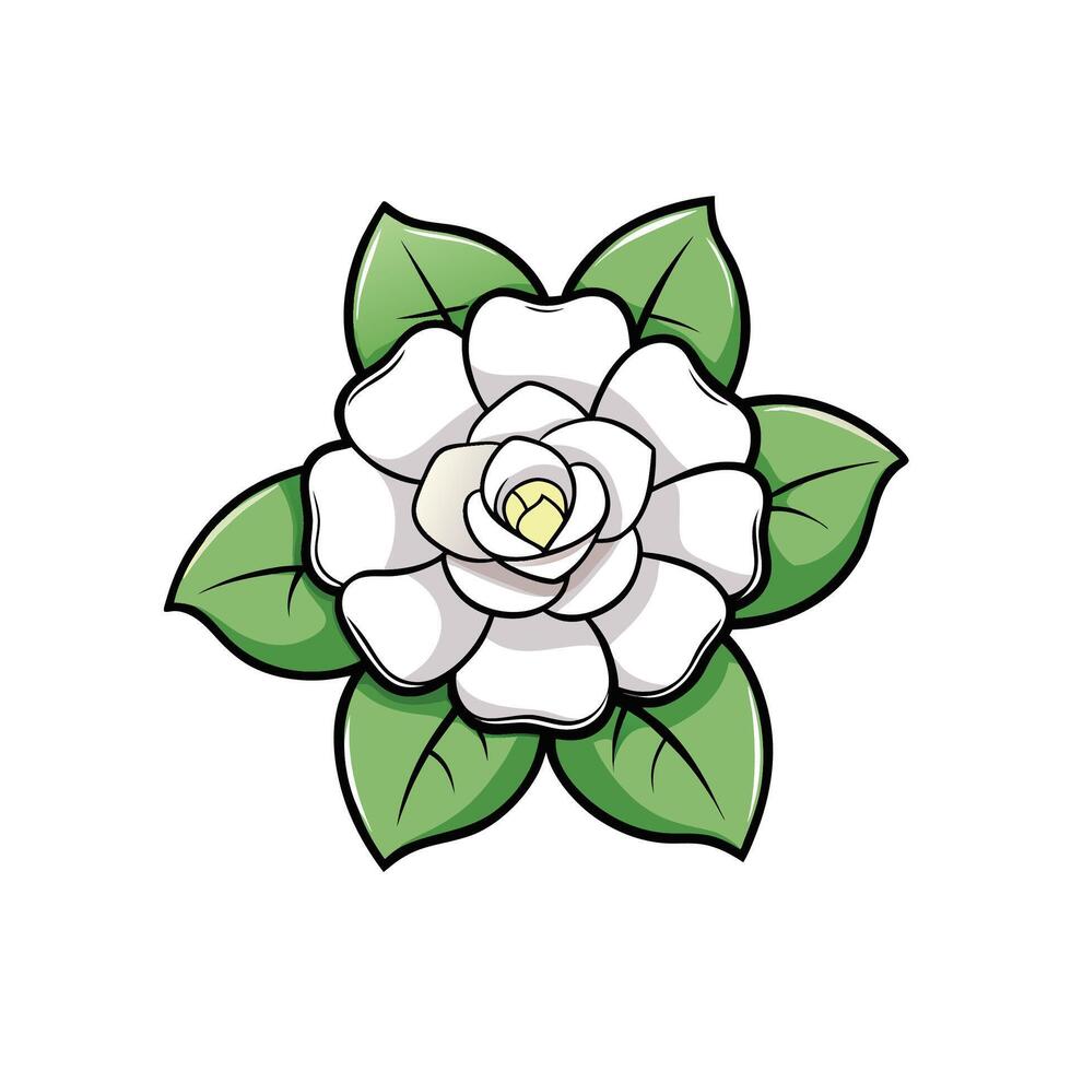 Stylized white flower with green leaves in cartoon style vector
