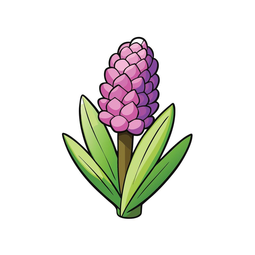 Cartoon style pink hyacinth flower blossom with green leaves vector