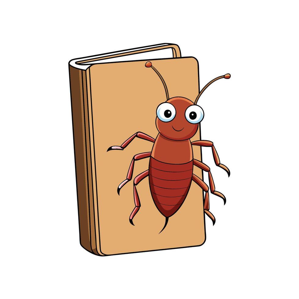 Cartoon bug standing next to brown book illustration vector