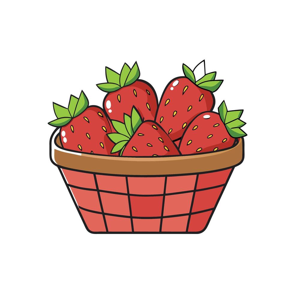 Stylized Basket of Fresh Strawberries with Green Leaves vector