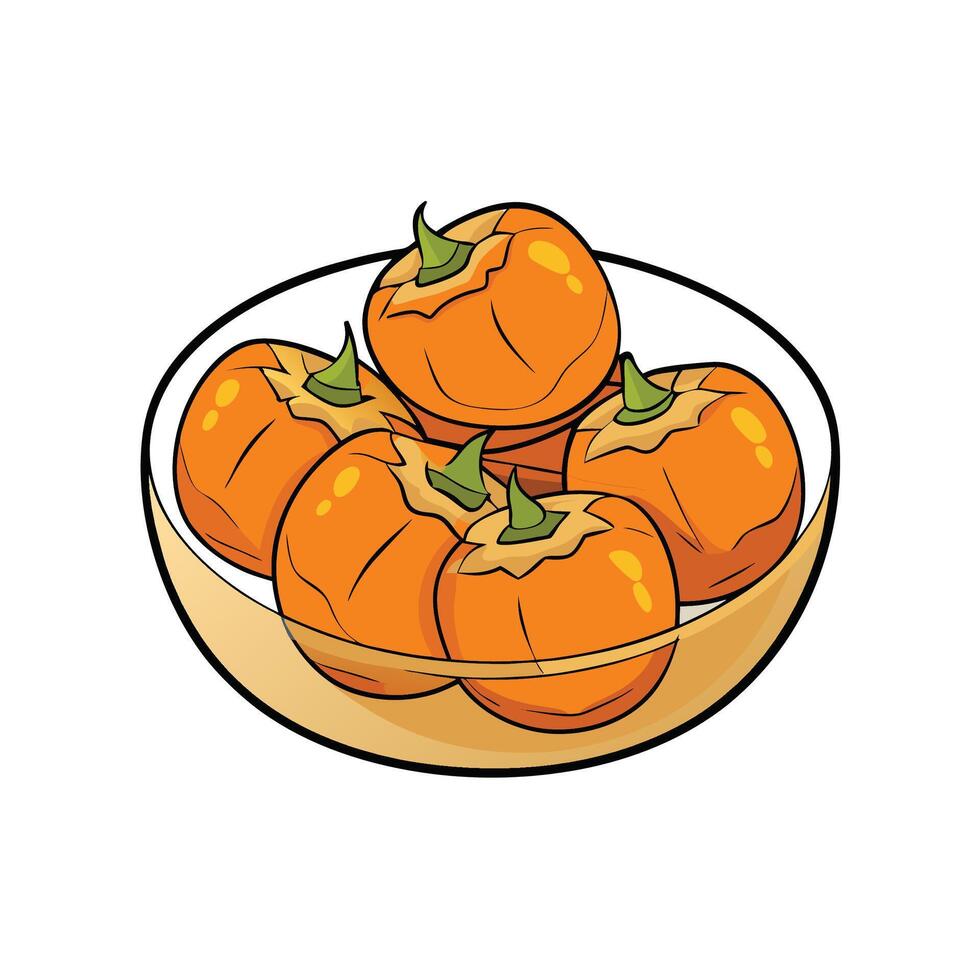 Bowl of Cartoon Styled Persimmons on White Background vector