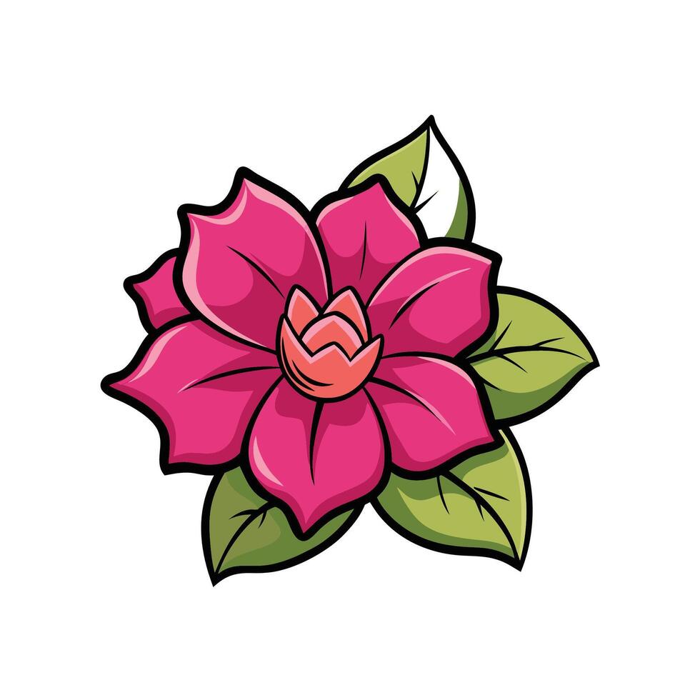 Vibrant pink blossom illustration with green leaves on white vector
