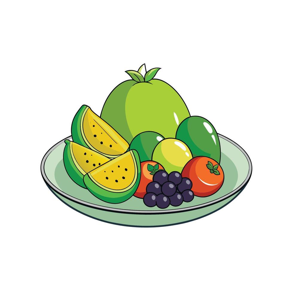 Cartoon fruit bowl illustration with various fruits assortment vector