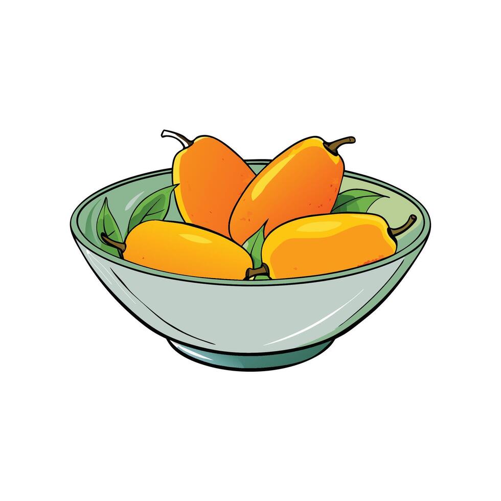 Bowl of fresh mangoes with leaves on white background vector
