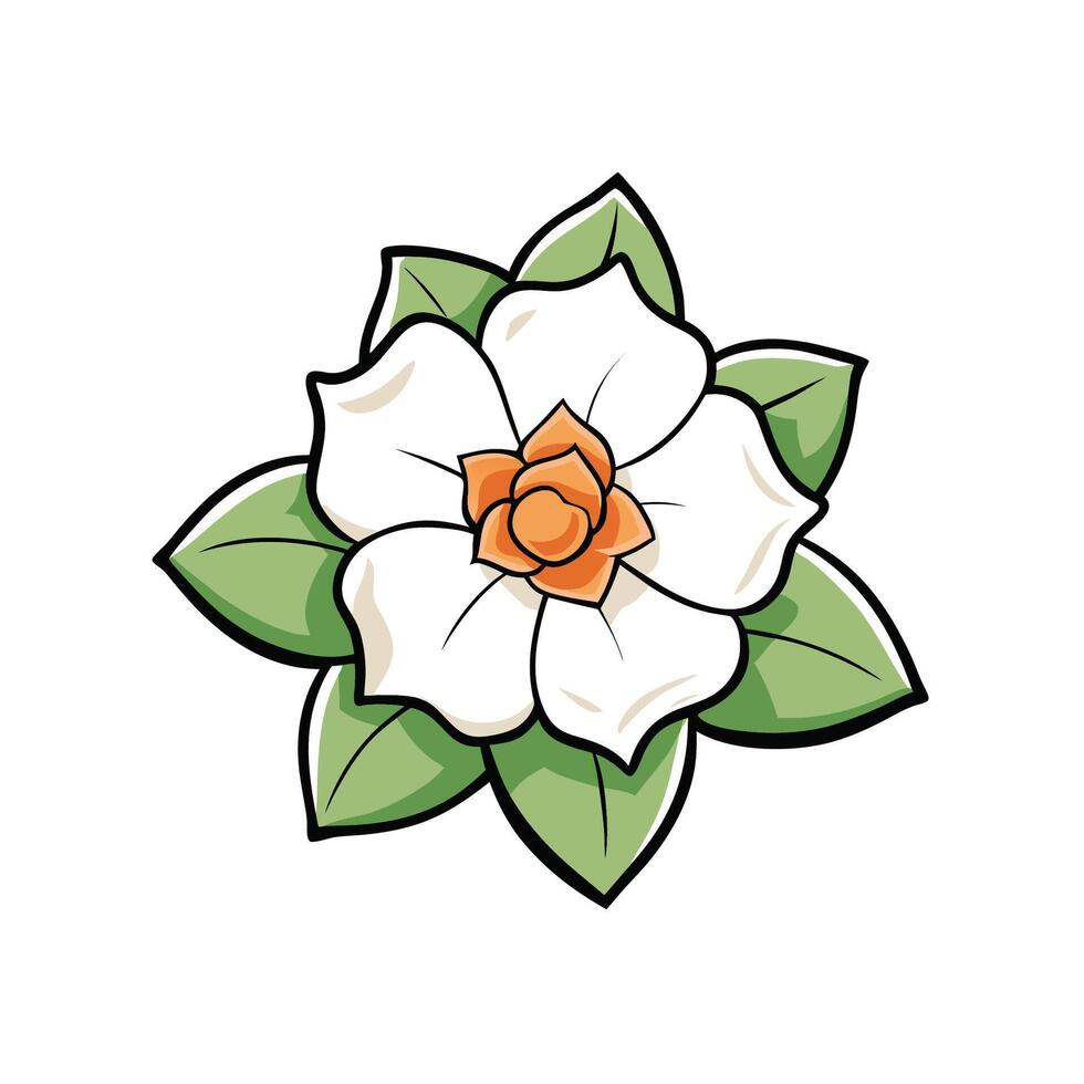 Stylized flower illustration with green leaves and orange center vector