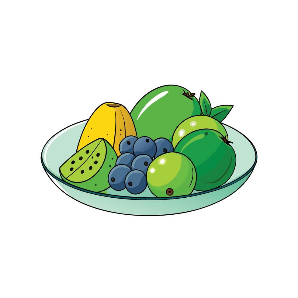 Cartoonstyle fruit bowl filled with various fresh fruits vector